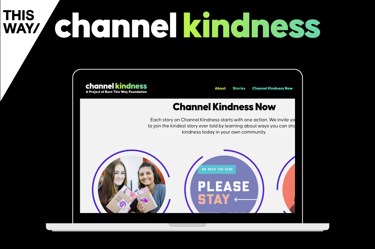 Black graphic with an image of a laptop displaying channelkindness.org + channel kindness logo at the top and "THIS WAY/" branded cornerstone in the top left corner.