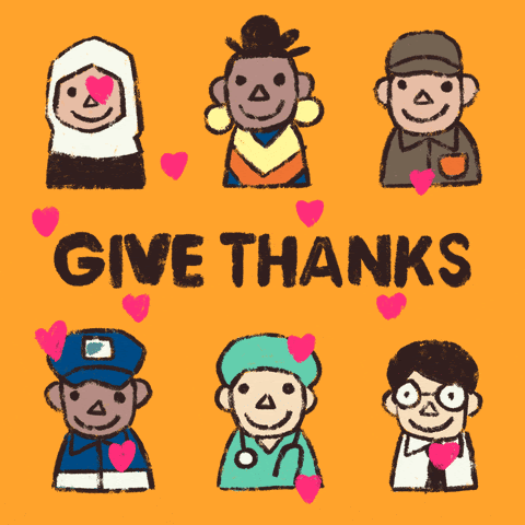 Image of people with the words "give thanks" written