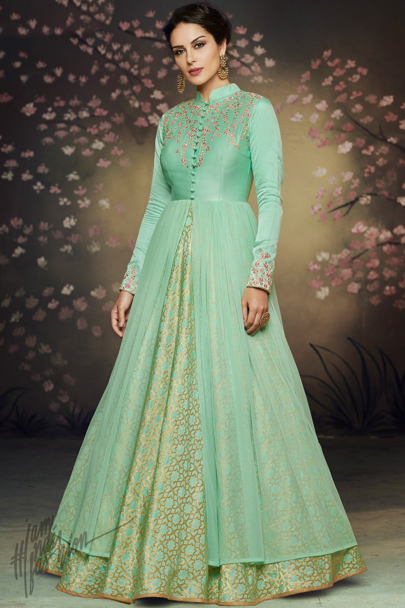 Sea Green Double Layered Satin Silk and Net Party Wear Gown
