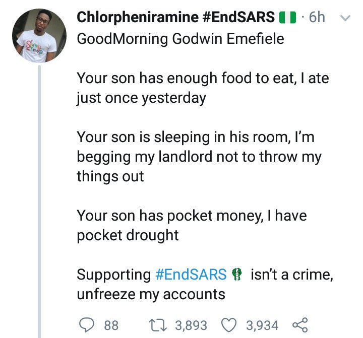 "I ate just once yesterday" - End SARS protester whose bank account was frozen writes open letter to CBN gov Emefiele 