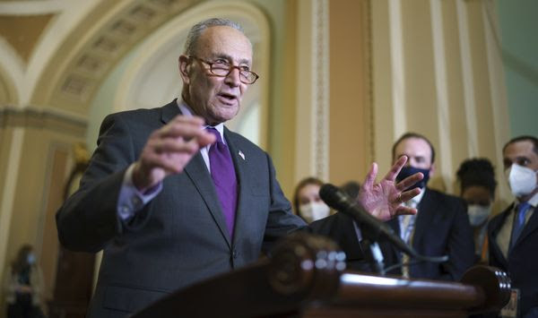 Senate Majority Leader Chuck Schumer, D-N.Y., speaks to reporters as work continues on the Democrats&#39; Build Back Better Act, massive legislation that is a cornerstone of President Joe Biden&#39;s domestic agenda, at the Capitol in Washington, Tuesday, Sept. 14, 2021. (AP Photo/J. Scott Applewhite) ** FILE **