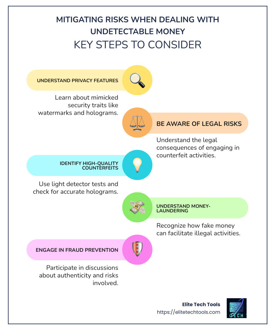 Key tips for undetectable money and fraud prevention - undetectable money for sale infographic infographic-line-5-steps-colors