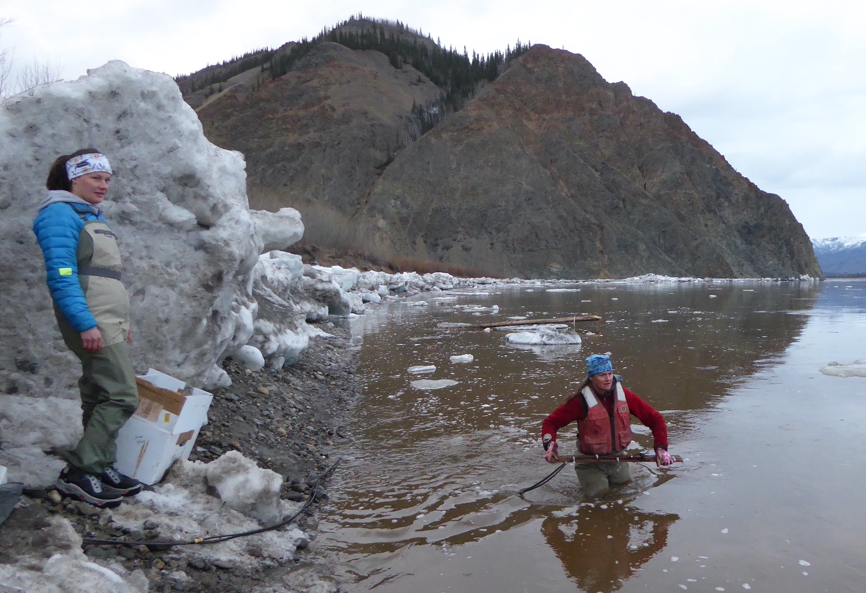Heather Best (in water), a U.S. Geological Survey hydrologist, prepares to toss a road-grader blade with a river-measuring device attached into the Yukon River near Eagle, Alaska. USGS hydrologic technician Liz Richards watches for icebergs.