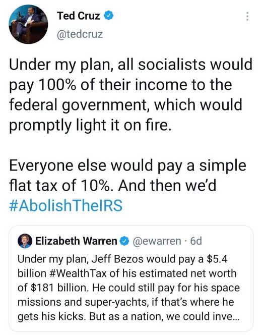 tweets ted cruz elizabeth warren irs tax playns socialists