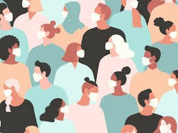 Graphic of different people wearing masks facing different directions Graphic of different people wearing masks facing different directions