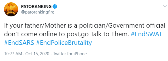 If your father/Mother is a politician/Government official don?t come online to post, go talk to them- Patoranking