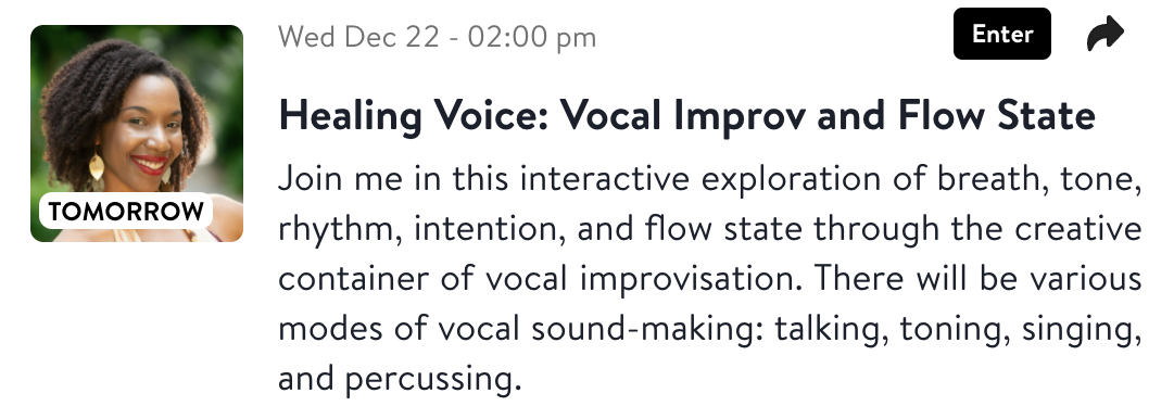 Flyer for Insight Timer Event Called Healing Voice Vocal Improv and Flow State