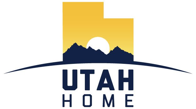 Utah Home Logo. It's the outline of the state. The top part is a golden yellow cascading over a dark blue mountain range with a white circle behind it like the sun rising or setting. The bottom part says UTAH HOME in big block letters.