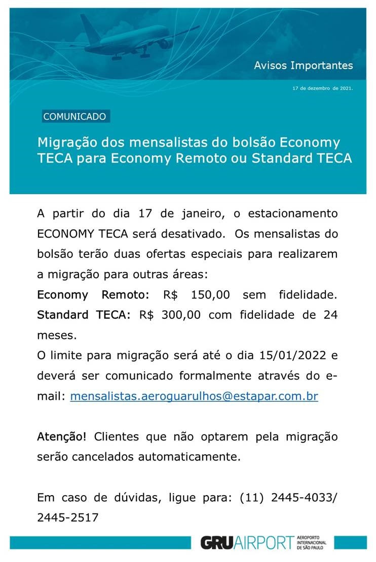 COMUNICADO GRU AIRPORT - Migração dos mensalistas.