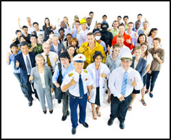 The figure above is a photograph showing a group of workers from various industries.