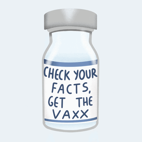 Shaking vaccine bottle with the words "check your facts, get the vaxx" written on the label