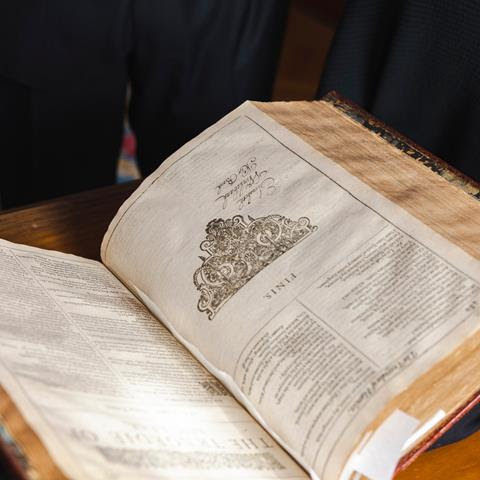 Shakespeare's First Folio open on a table