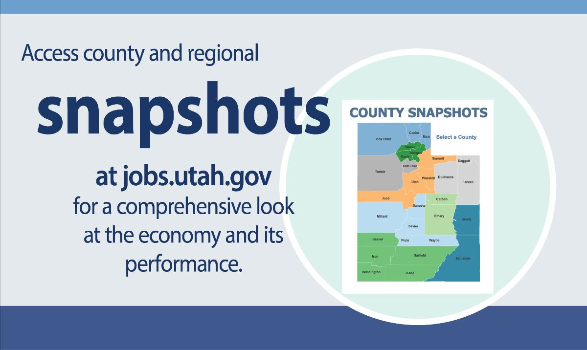 Access county and regional snapshots at jobs.utah.gov for a comprehensive look at the economy and its performance. The image shows a small map of Utah separated by county.