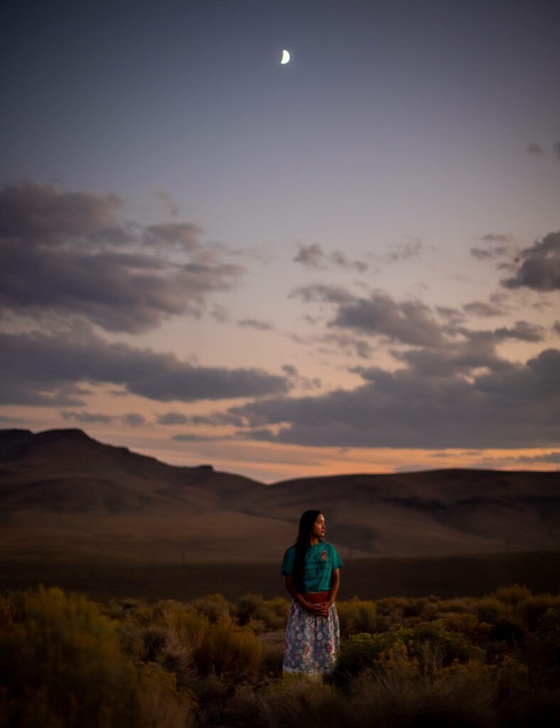 Daranda Hinckey, secretary of People of Red Mountain, poses for a photo at Peehee Mu’huh, or Thacker Pass, Nevada, on Sunday, Sept. 12, 2021. Hinckey has rallied fellow tribe members around opposition to the proposed lithium mine, citing her people’s sacred ties to the land. Credit: Spenser Heaps