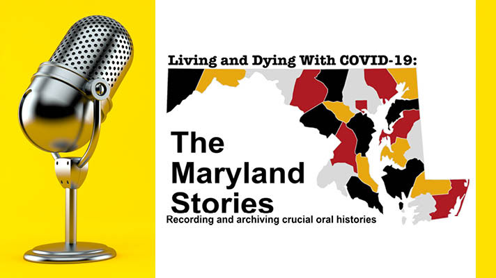 A state map of Maryland with a microphone and black text that reads Maryland Stories Recording and archiving crucial oral histories