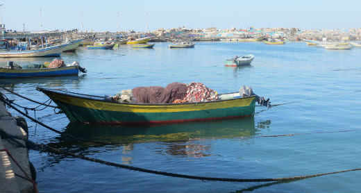 Motorized Hasake rowboat in Gaza's fishing port. Photo by Muhammad Sabah, B'Tselem, 11 Jan. 2017