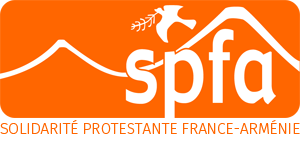 Logo SPFA blanc sur fond orange