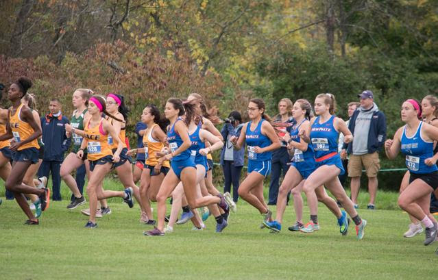 Womens Cross Country at the start of the MSMC Invite at the Hudson Valley Sports Dome