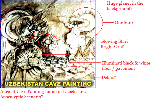 Grande planeta ao fundo? Nosso sol? Estrela ou orbe brilhante? Assoalho preto e branco Illuminati Destroços? Antiga pintura encontrada numa caverna no Uzbequistão. Seria um cenário apocalíptico? 