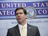 U.S. Secretary of Defense Mark Esper speaks to reporters during a visit to the U.S. Strategic Command at Offutt AFB, Neb., Thursday, Feb. 20, 2020. (AP Photo/Nati Harnik)