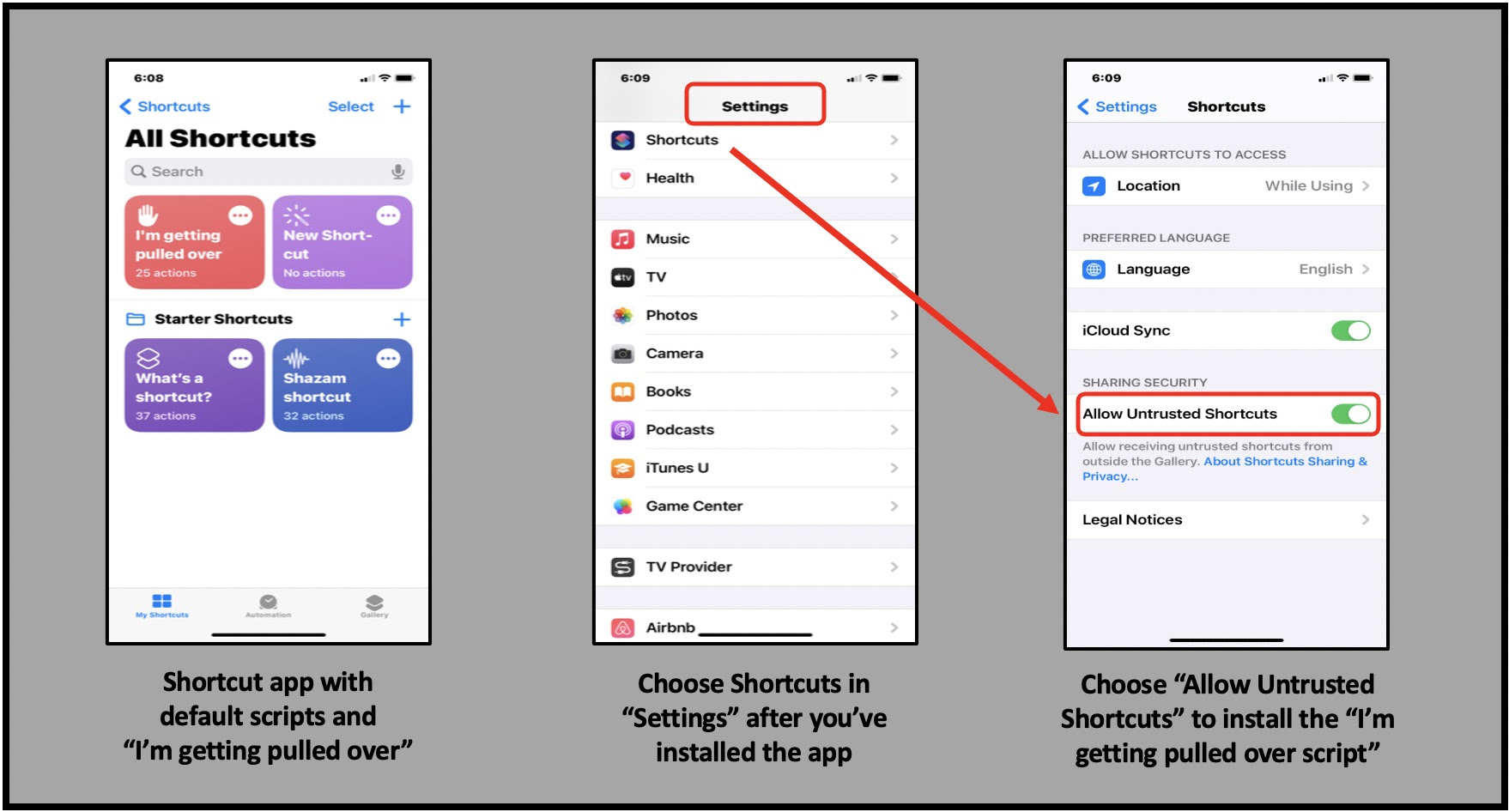 Adjust the settings of Shortcuts for the "I've been pulled over" app