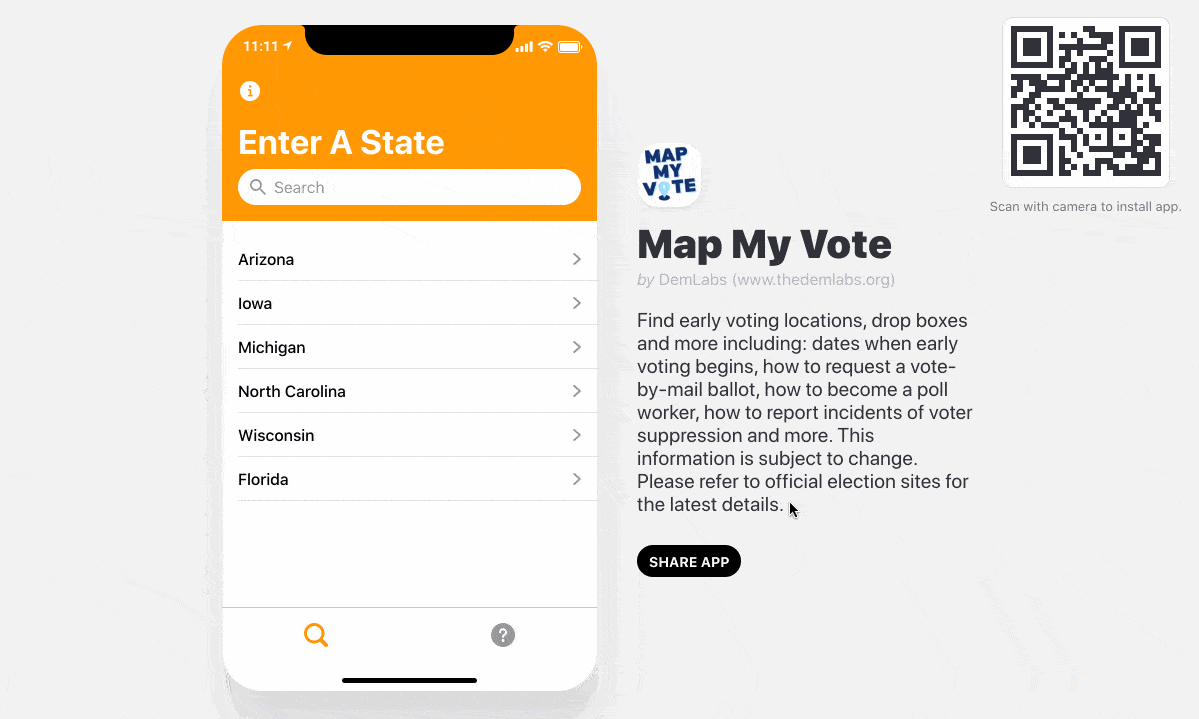 Sharing information about early voting locations, drop boxes and other voting resources through a mobile app.