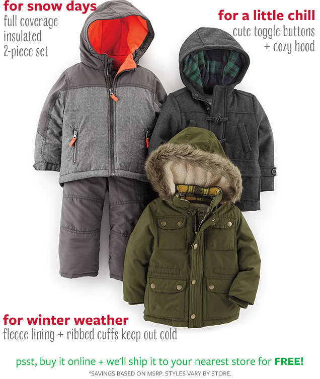 For snow days full coverage insulated 2-piece set | For a little chill cute toggle buttons + cozy hood | For winter weather fleece lining + ribbed cuffs keep out cold | Psst, buy it online + we'll ship it to your nearest store for free! *Savings based on MSRP. Styles vary by store.