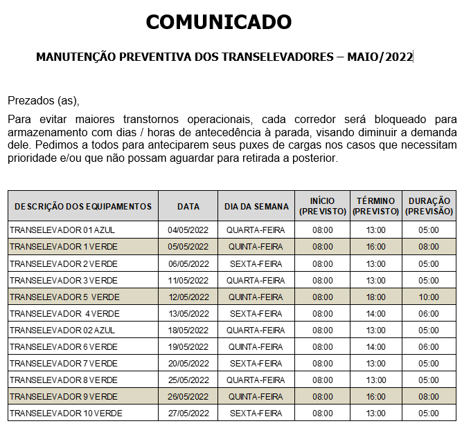 COMUNICADO DOS TRANSELEVADORES