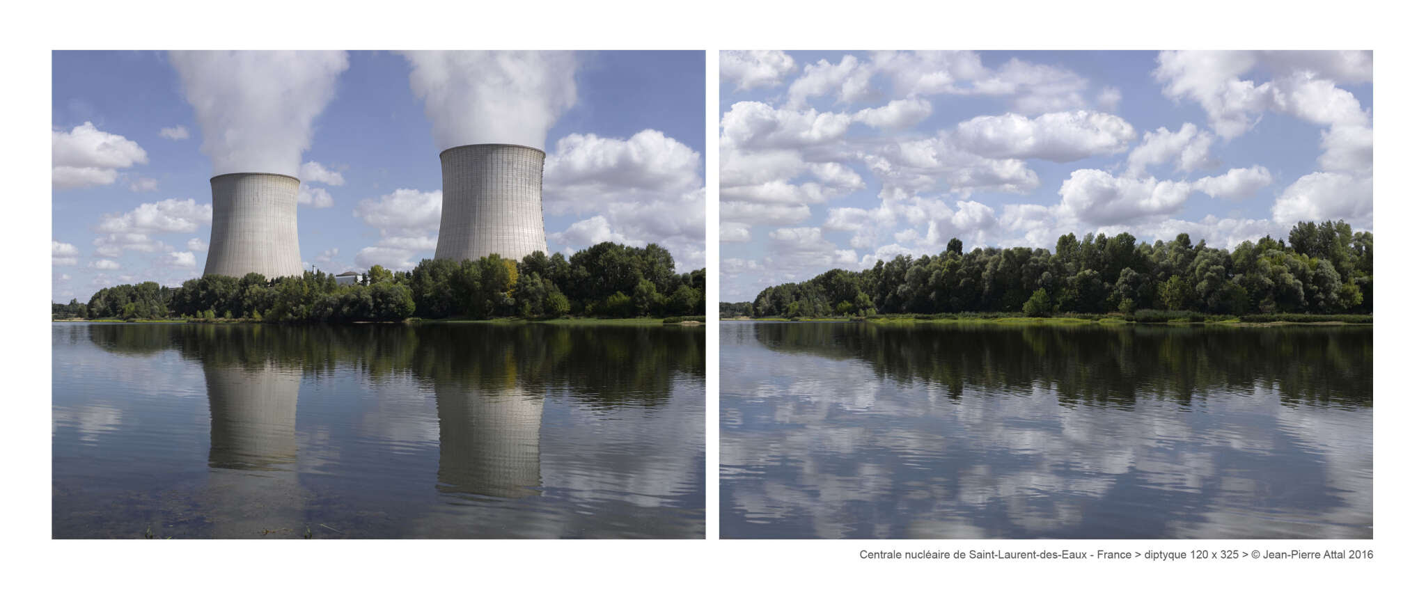 Centrale nucléaire de Saint-Laurent-des Eaux: à gauche une photo « normale », un enregistrement d’un paysage avec la centrale. A droite : une photo « fictionnelle », retravaillée numériquement, pour illustrer l’idée : « à quoi ressemblerait ce même paysage sans la centrale ».