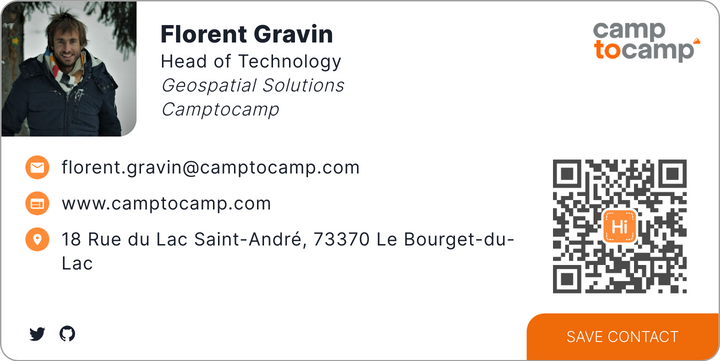 This is Florent Gravin's card. Their email is florent.gravin@camptocamp.com.