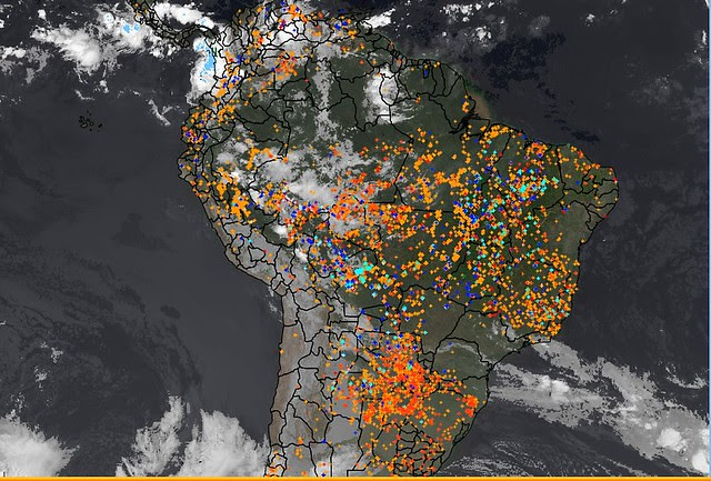 Un satélite del Instituto Nacional de Investigaciones Espaciales (Inpe) muestra los focos de fuego en Brasil el último 2 de septiembre - Créditos: Reproducción/Inpe