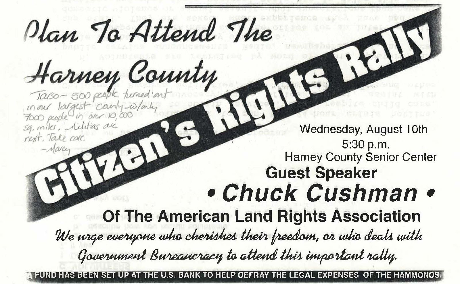 Citizen's Rights Rally flyer with Marcy Westerling notes