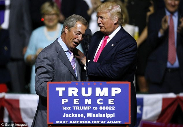 Nigel Farage has helped Donald Trump in his campaign to win the presidency, joining him on stage in Jackson, Mississippi in August, pictured, where the Republican introduced the interim Ukip leader as 'Mr Brexit'