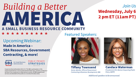 Photo of two people with the following text, Building a Better America webinar on July 6 at 2 pm ET