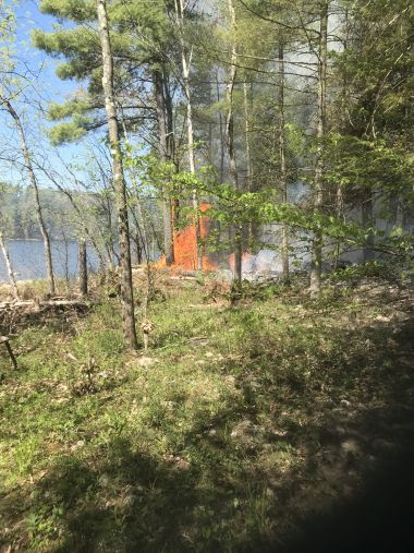 Fire burns at the edge of the woods and lake at state park