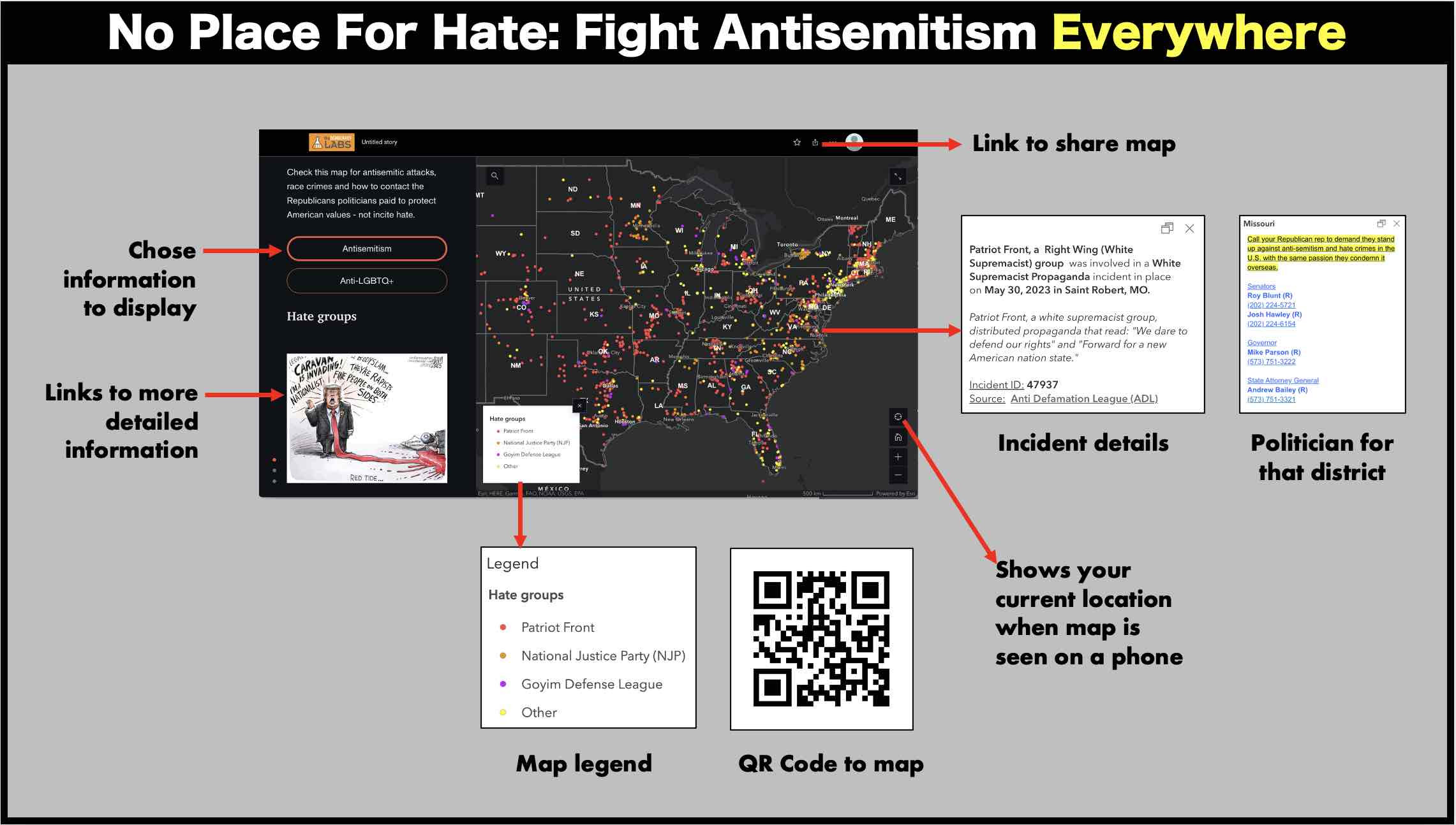 Map of how to fight antisemitism, racisim and anti-LGBTQ violence.