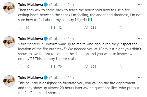 Toke Makinwa calls out fire department after it took them 20 hours to respond to her call of putting out a fire at her house
