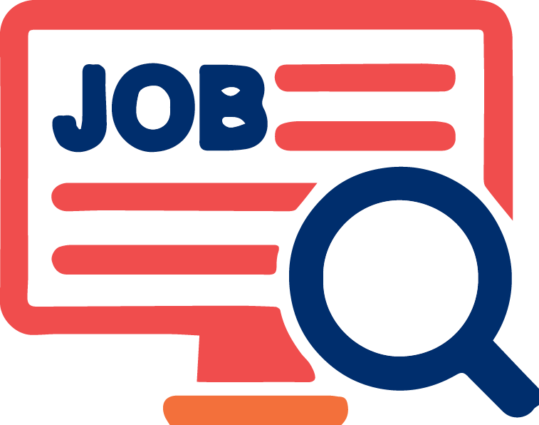 A graphic of a computer screen that says job on it with a magnifying glass.