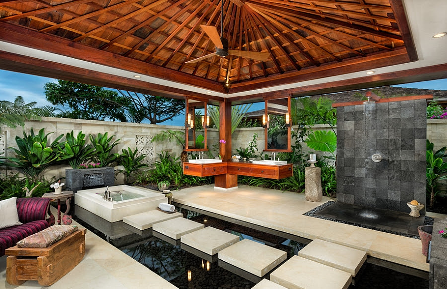 Gorgeous tropical outdoor bathroom idea with spa-styled brilliance [From: Ethan Tweedie Photography]