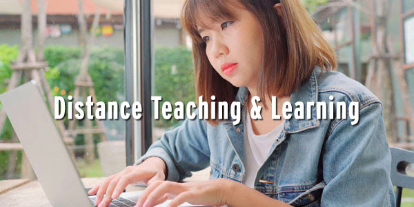 Young woman working on laptop in a cafe and the words Distance Teaching & Learning