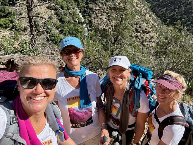 (From left to right) Lynnette Anderson Opp, Fran Anderson, Brenda Sibley and Laurie Usinger stop to take a selfie during a grueling, 21-hour hike at the Grand Canyon on Sept. 3 and 4, 2023.