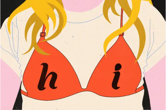 An illustration of a person wearing a red bra over a white shirt with the word 'hi' printed on the cups.