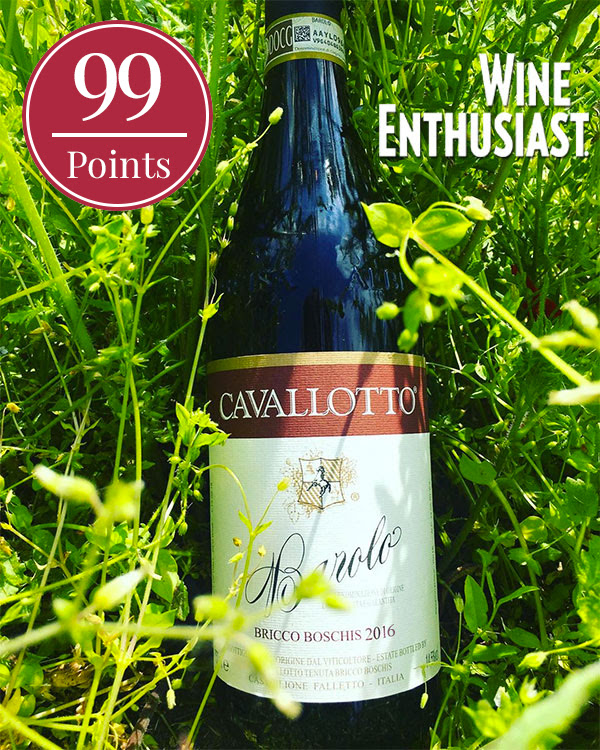 Bottle of Barolo Bricco Boschis by Cavallotto 2016 with Wine Enthusiast '99 Points' seal