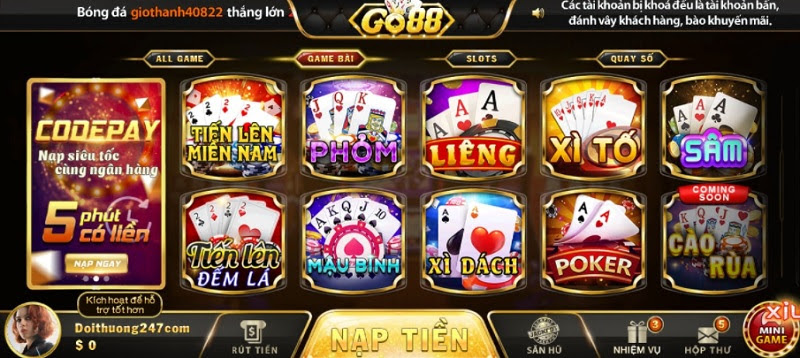Kho game bài chất lượng của cổng game Go88