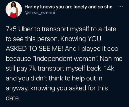 Lady calls out Nigerian men after she spent 14,500 on transport to and from a date