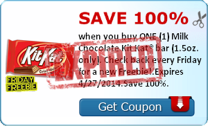Save 100% when you buy ONE (1) Milk Chocolate Kit Kat® bar (1.5oz. only). Check back every Friday for a new Freebie!.Expires 4/27/2014.Save 100%.