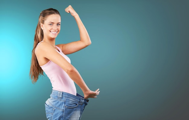 Weight loss woman, isolated on  background