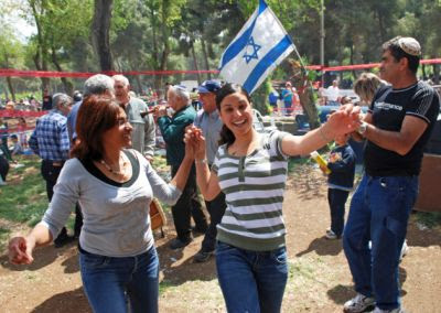 Two women joyfully
                    dance on Jerusalem day to celebrate the miracle of
                    the rebirth of the independent state of Israel.