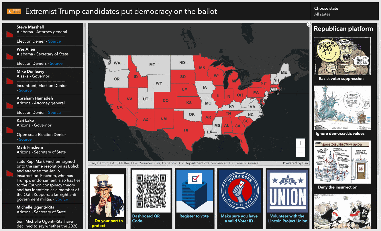 Democracy is on the ballot in 2022 with extremist Trump candidates run who ignore democratic rules, associate with extremists, and push dangerous conspiracy theories.This dashboard combines information from the Anti Defamation League, Five Thirty Eight and Ballotpedia. Search for details on candidates by choosing the state in the top right. Details on the Republican platform and actions to take are also featured on the dashboard.