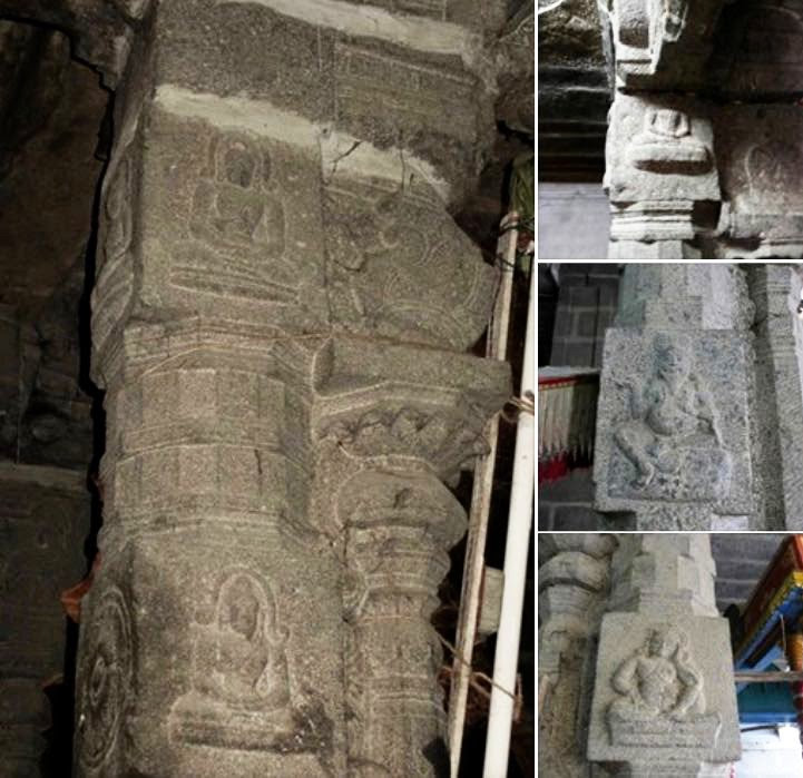 Pillars with Buddha, Bodhisattva and Buddhist Yogi images in the Kachapeshwarar Temple, Kanchi.
